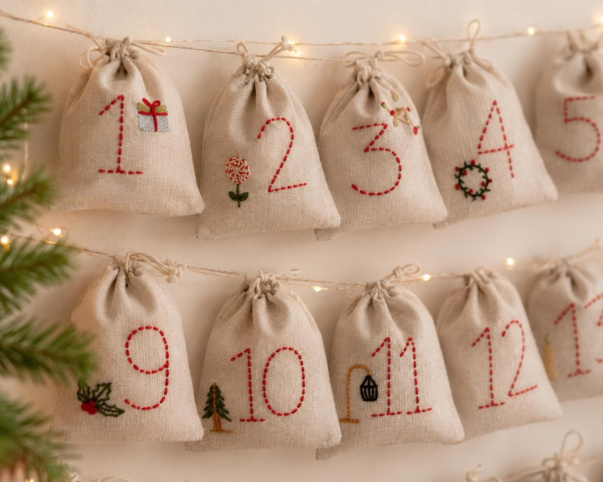 Embroidered Advent Calendar Bunting — 24 Drawstring Pouches — photo 1