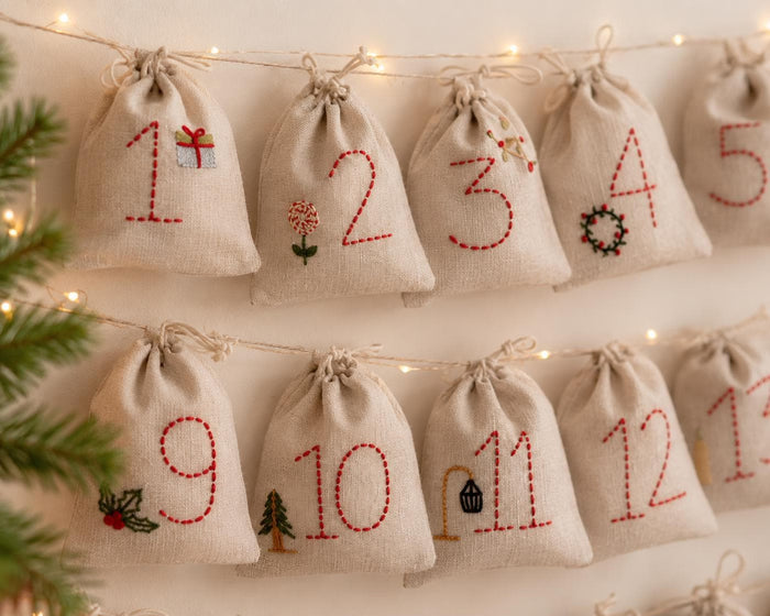 Embroidered Advent Calendar Bunting — 24 Drawstring Pouches — photo 1
