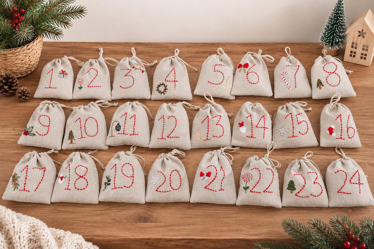 Embroidered Advent Calendar Bunting — 24 Drawstring Pouches — photo 2