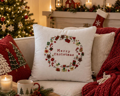 Merry Christmas Wreath Embroidered Cushion Cover — photo 4