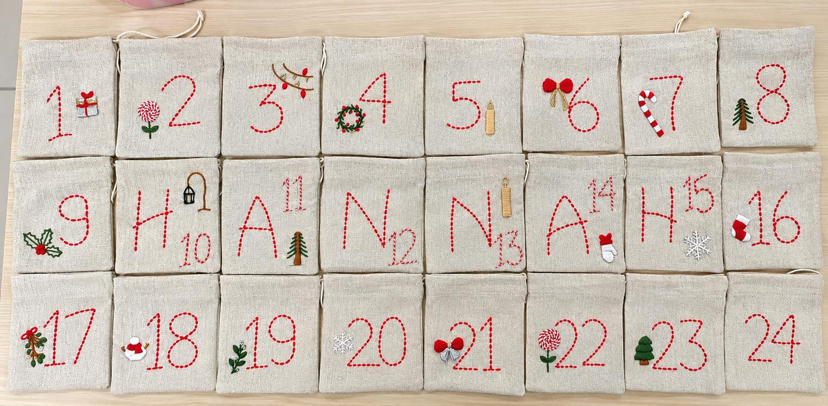 Embroidered Advent Calendar Bunting — 24 Drawstring Pouches — photo 19
