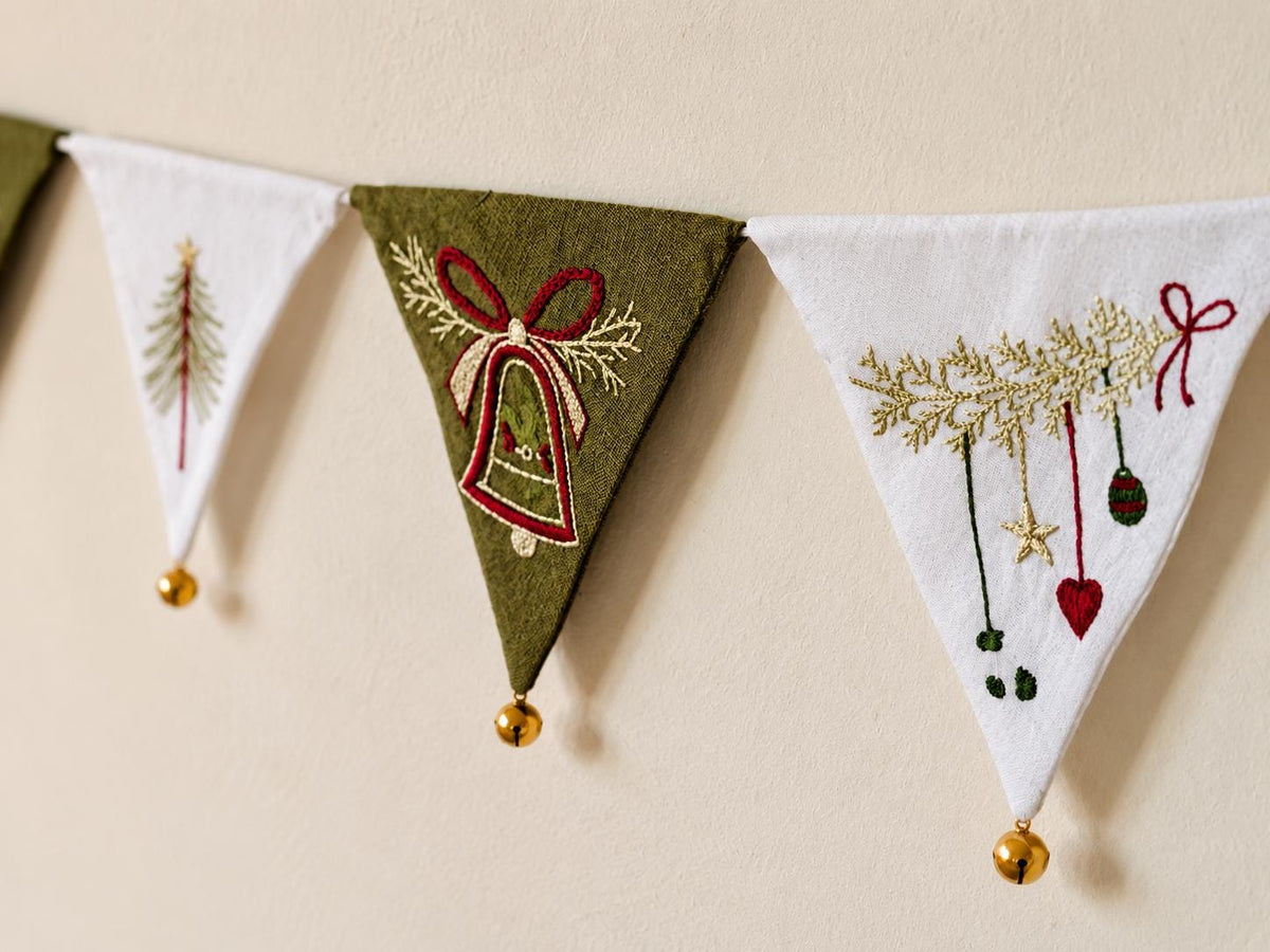 Green & White Embroidered Christmas Bunting with Bells — photo 6