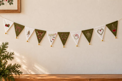 Green & White Embroidered Christmas Bunting with Bells — photo 5