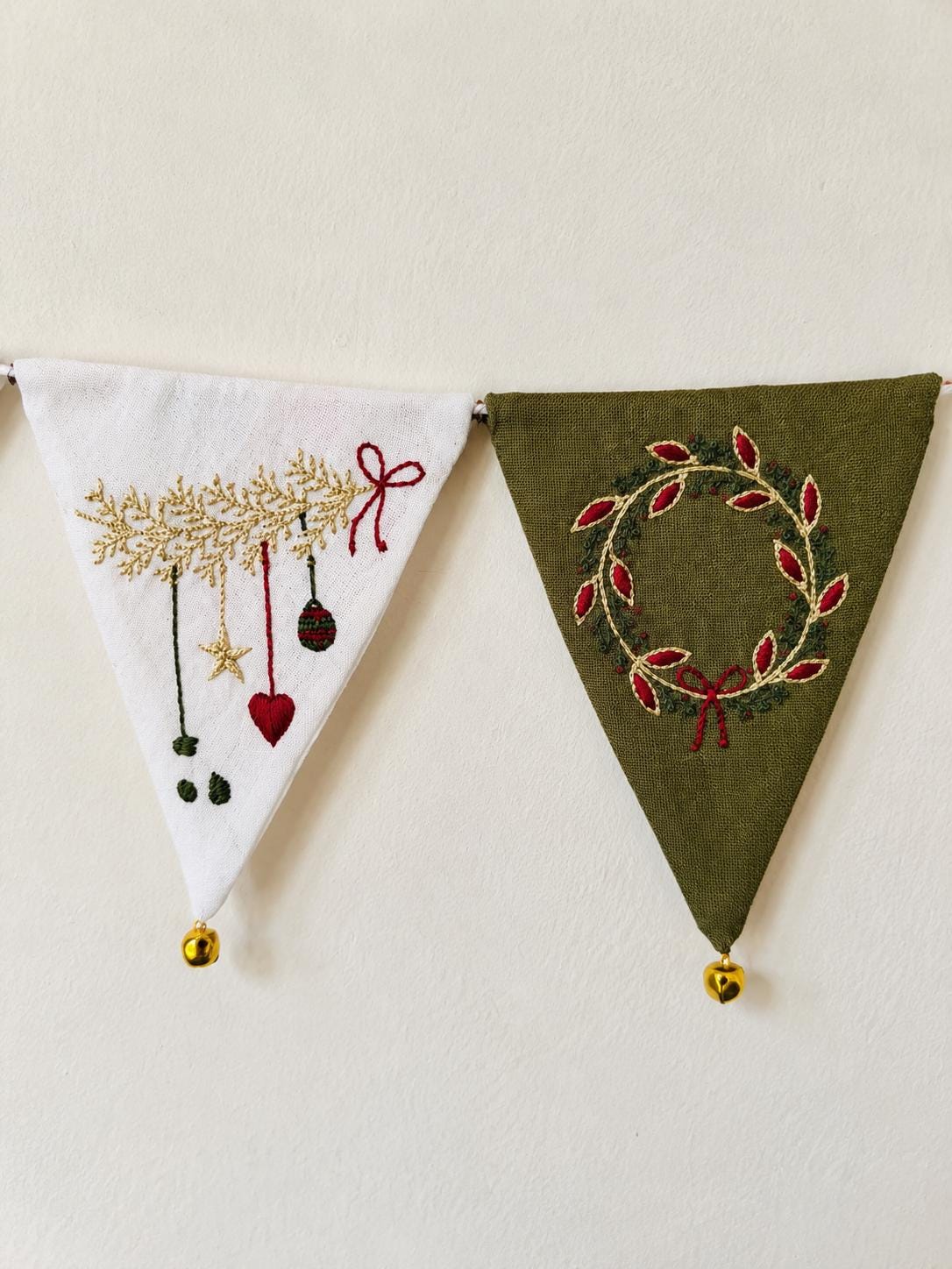 Green & White Embroidered Christmas Bunting with Bells — photo 8
