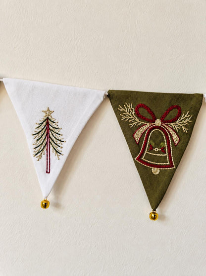 Green & White Embroidered Christmas Bunting with Bells — photo 9