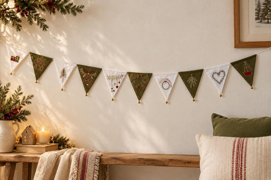 Green & White Embroidered Christmas Bunting with Bells — photo 1