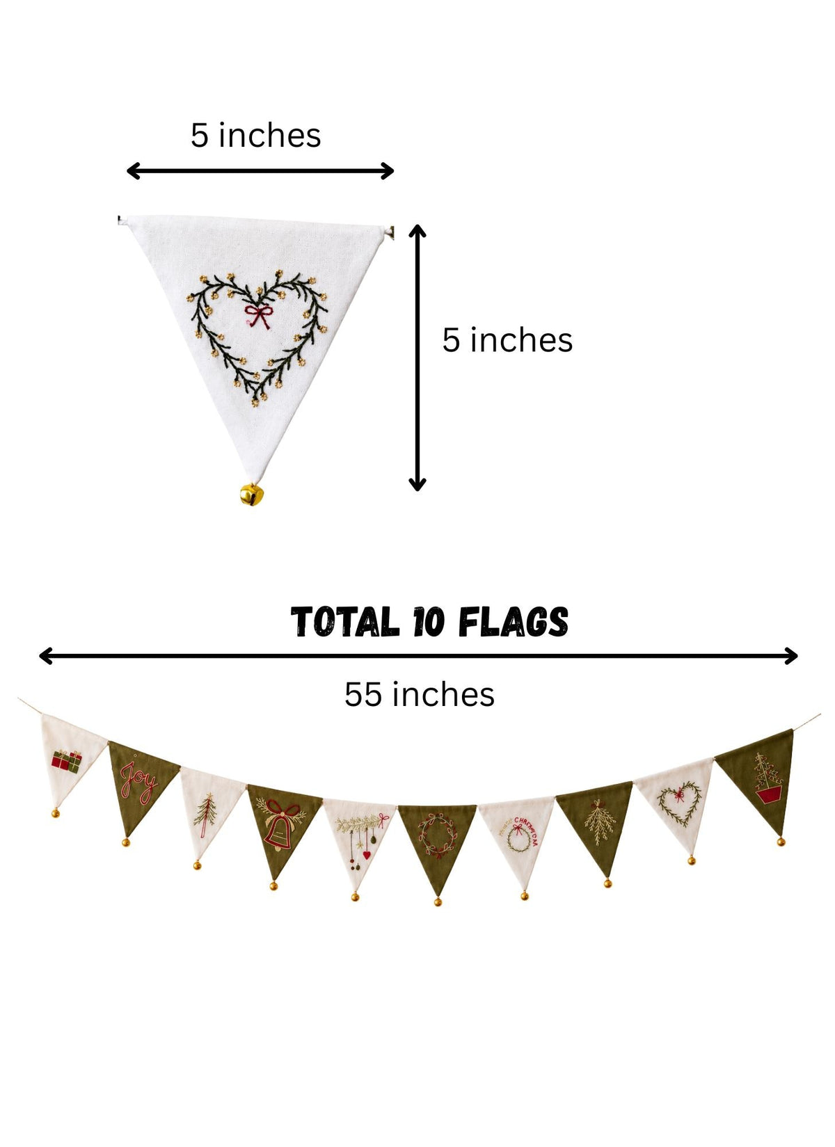 Green & White Embroidered Christmas Bunting with Bells — photo 4