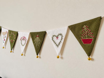 Green & White Embroidered Christmas Bunting with Bells — photo 3