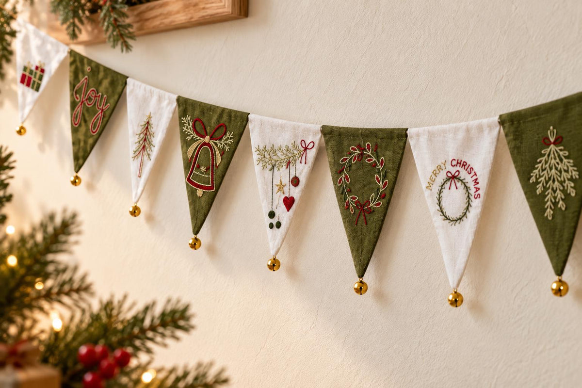 Green & White Embroidered Christmas Bunting with Bells — photo 2