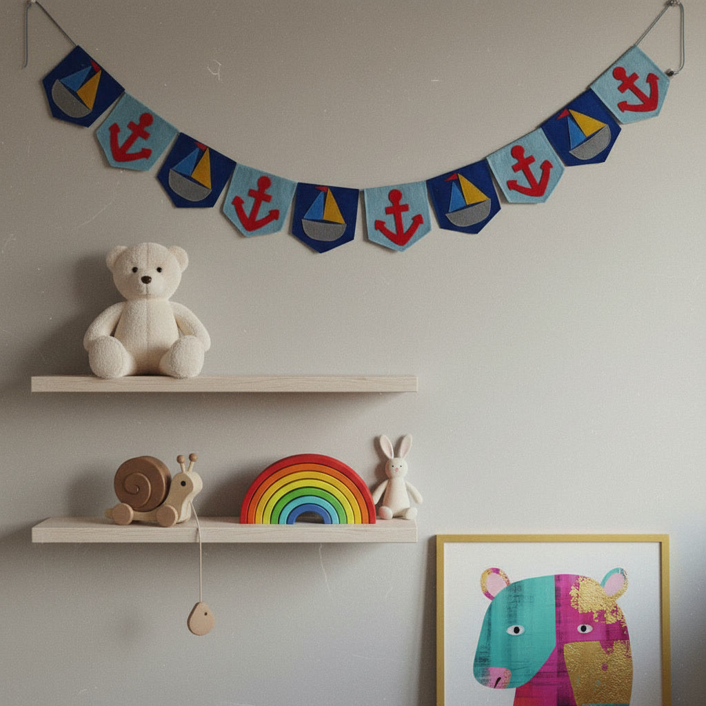 Handmade Nautical Felt Bunting | Sailboat, Anchor Garland for Nursery, Kids Room & Party Decor