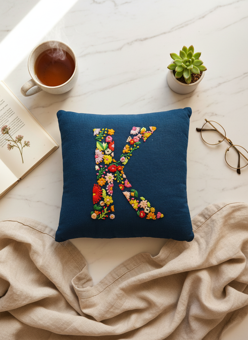 Hand Embroidered Customised Alphabet Cotton Cushion 10*10 Inches