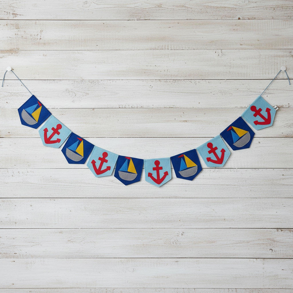 Handmade Nautical Felt Bunting | Sailboat, Anchor Garland for Nursery, Kids Room & Party Decor