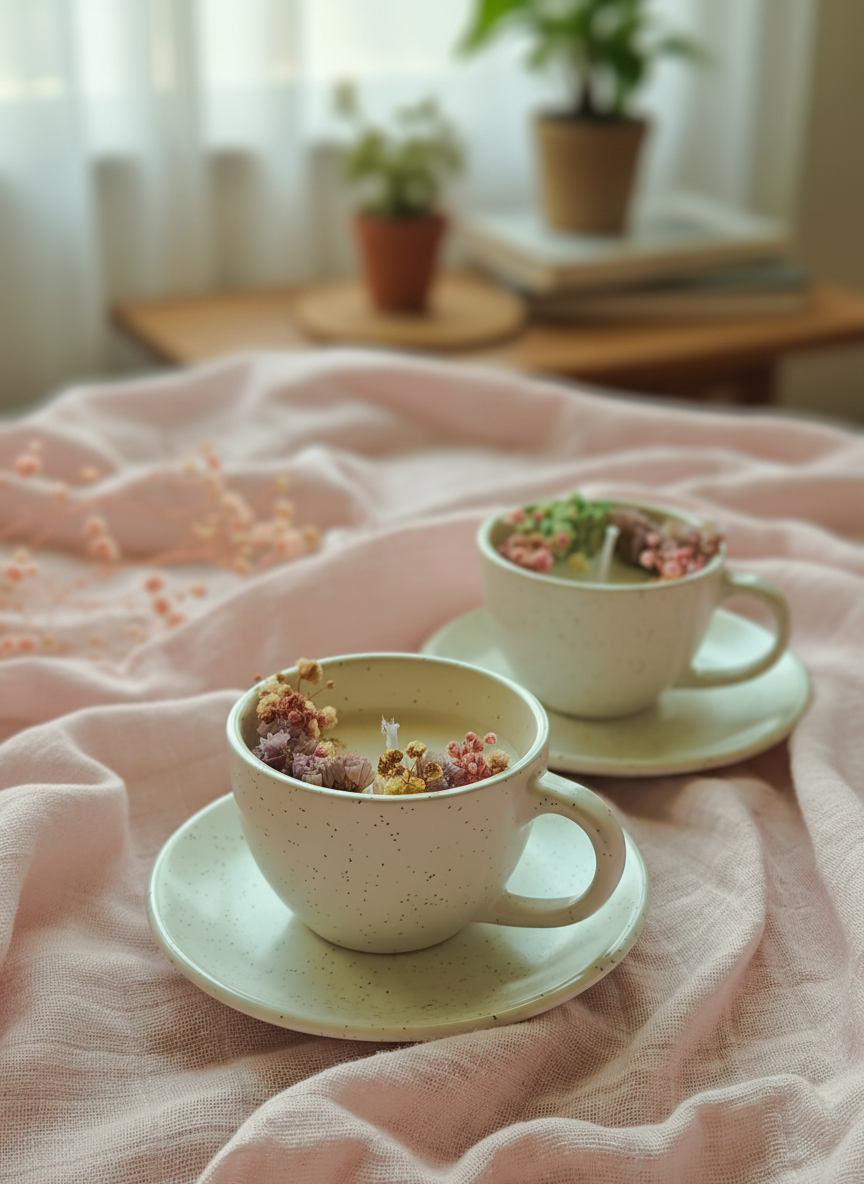 Handcrafted Hand poured Ceramic Cup & Saucer Soy Wax Candle with Natural Dried Flowers