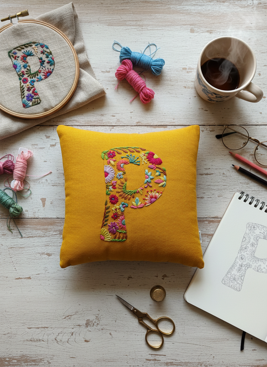 Hand Embroidered Customised Alphabet Cotton Cushion 10*10 Inches