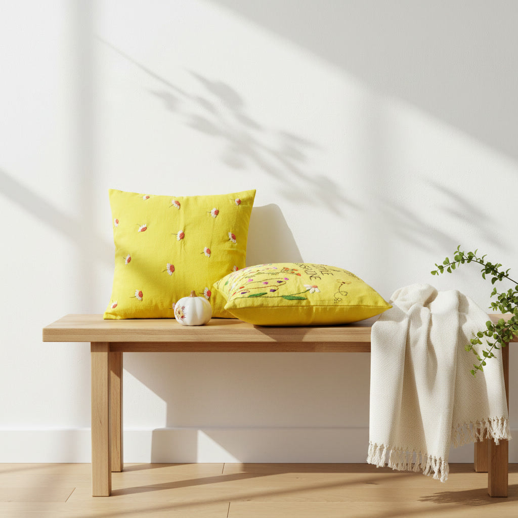 “Just a Little Sunshine” Bright Yellow Floral Hand-Embroidered Cotton Cushion Covers Set of 2