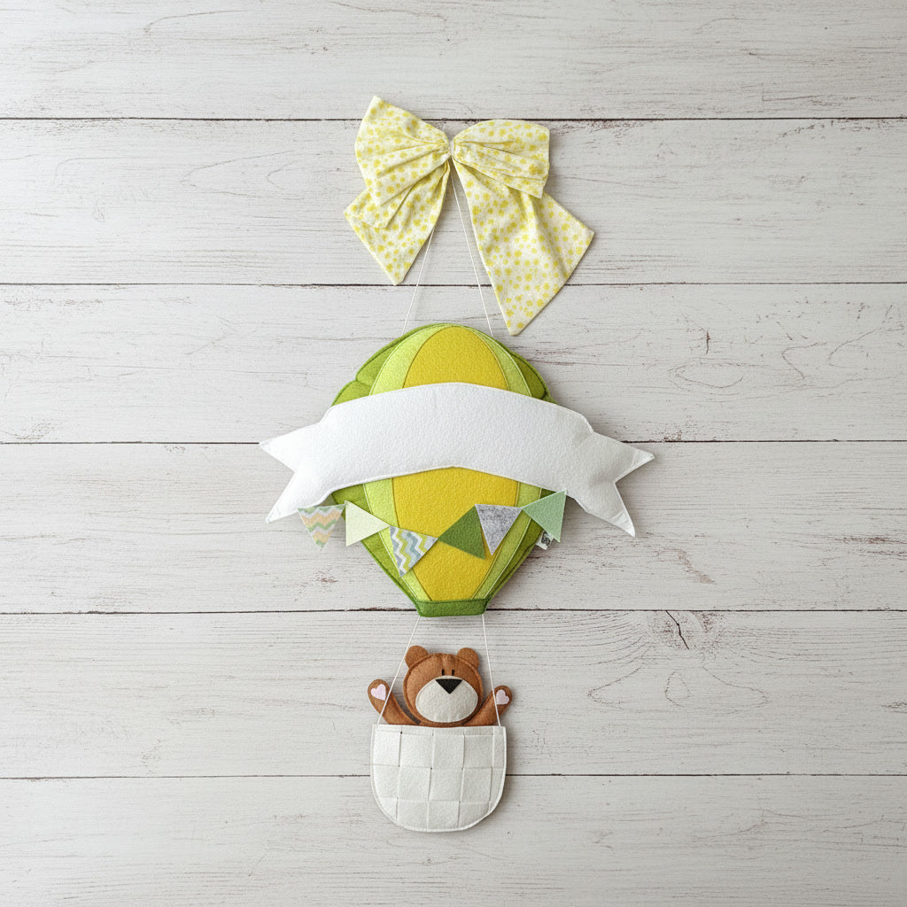 Handmade Felt Customised Name Garland with Hot Air Balloon & Cute Bear in Basket | Personalised Nursery Wall Hanging