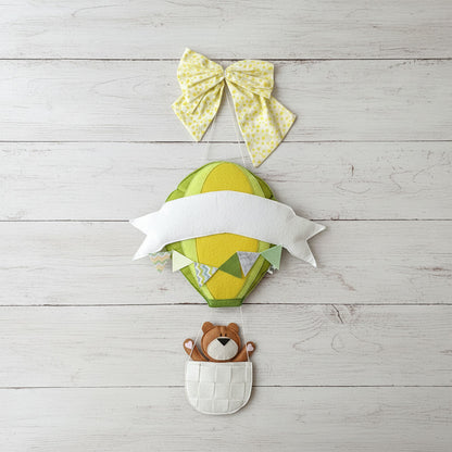 Handmade Felt Customised Name Garland with Hot Air Balloon & Cute Bear in Basket | Personalised Nursery Wall Hanging