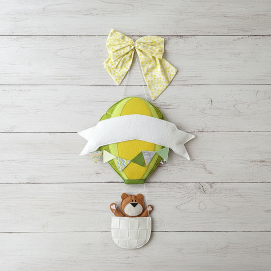 Handmade Felt Customised Name Garland with Hot Air Balloon & Cute Bear in Basket | Personalised Nursery Wall Hanging