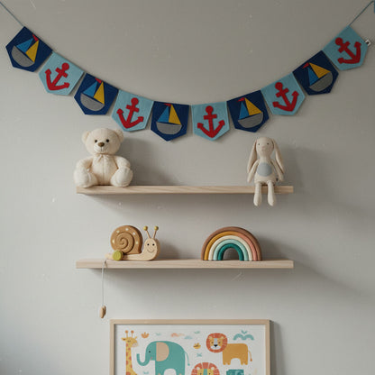 Handmade Nautical Felt Bunting | Sailboat, Anchor Garland for Nursery, Kids Room & Party Decor