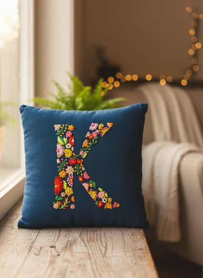 Hand Embroidered Customised Alphabet Cotton Cushion 10*10 Inches