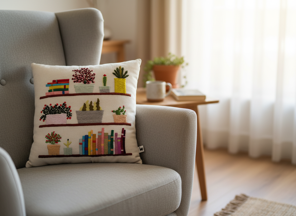Hand-Embroidered Book Lover Cushion with Colorful Bookshelf & Potted Plants | Cozy Reading Nook Decorative Throw Pillow