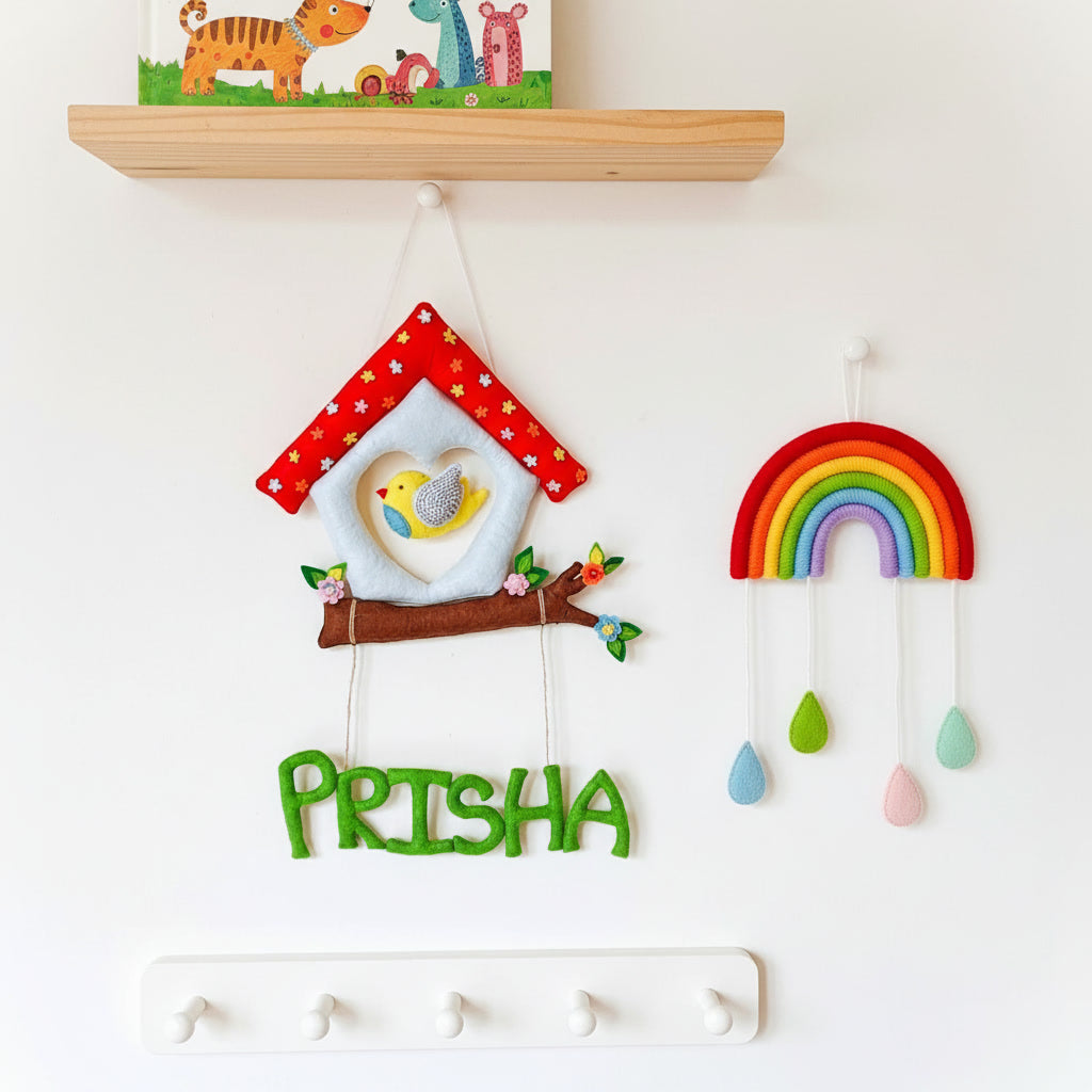 Handmade Felt Customised Name Garland with Birdhouse & Branch | Personalised Nursery Wall Hanging