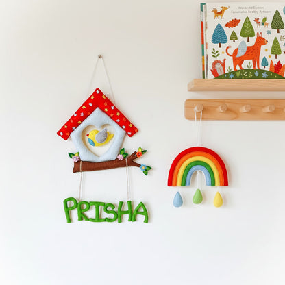 Handmade Felt Customised Name Garland with Birdhouse & Branch | Personalised Nursery Wall Hanging