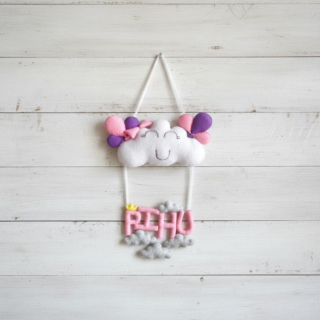Handmade Felt Customised Name Garland with Smiling Cloud, Little Crown & Balloon Bunch | Personalised Nursery Wall Hanging