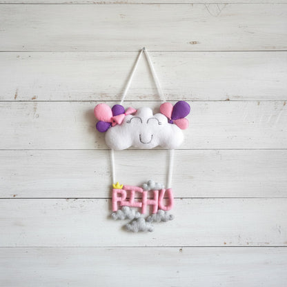 Handmade Felt Customised Name Garland with Smiling Cloud, Little Crown & Balloon Bunch | Personalised Nursery Wall Hanging