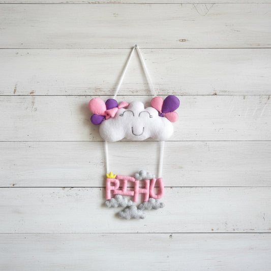 Handmade Felt Customised Name Garland with Smiling Cloud, Little Crown & Balloon Bunch | Personalised Nursery Wall Hanging