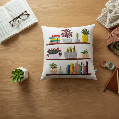 Hand-Embroidered Book Lover Cushion with Colorful Bookshelf & Potted Plants | Cozy Reading Nook Decorative Throw Pillow