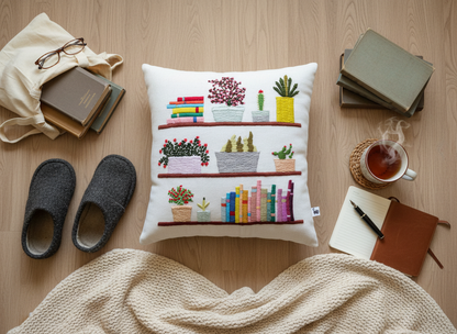 Hand-Embroidered Book Lover Cushion with Colorful Bookshelf & Potted Plants | Cozy Reading Nook Decorative Throw Pillow