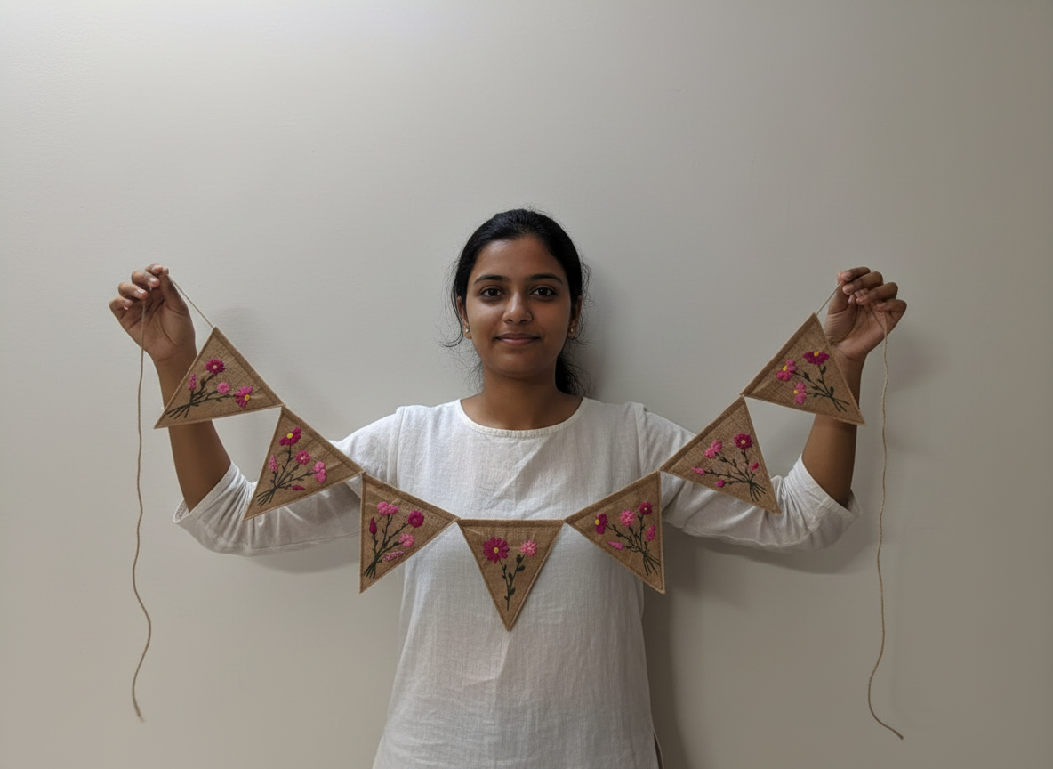 Felt Bunting Banner Pink, Hand Embroidered Floral Garland, Nursery Wall Decor, Fabric Party Banner