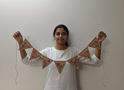 Felt Bunting Banner Pink, Hand Embroidered Floral Garland, Nursery Wall Decor, Fabric Party Banner