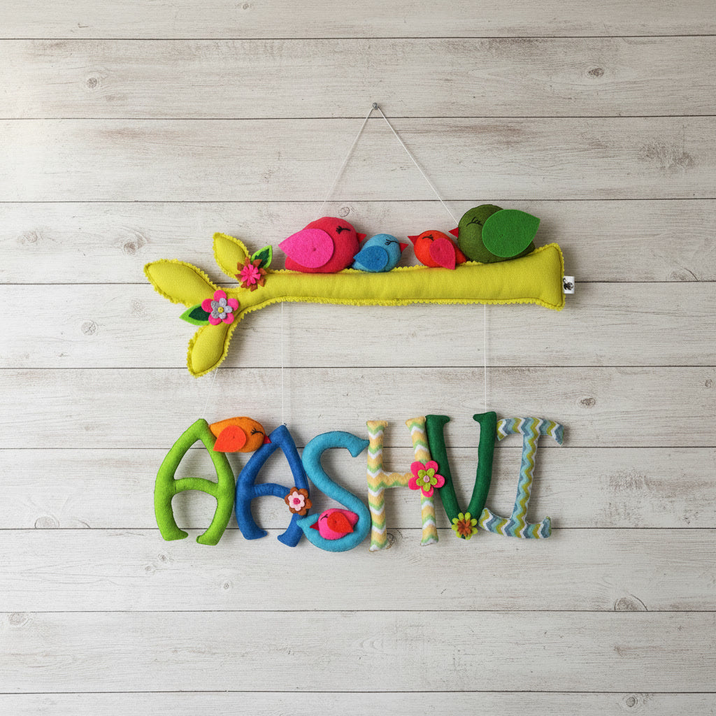 Handmade Felt Customised Name Garland with Birds & Branch | Personalised Nursery Wall Hanging