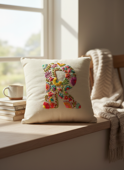 Hand Embroidered Customised Alphabet Cotton Cushion 10*10 Inches