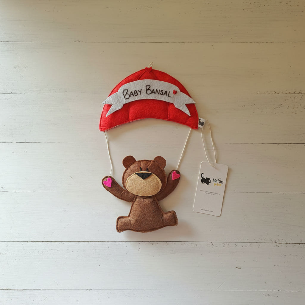 Handmade Felt Customised Name Garland with Cute Parachuting Bear | Personalised Nursery & Kids’ Room Wall Hanging