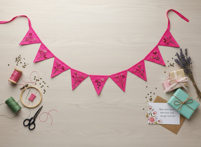 Felt Bunting Banner Pink, Hand Embroidered Floral Garland, Nursery Wall Decor, Fabric Party Banner