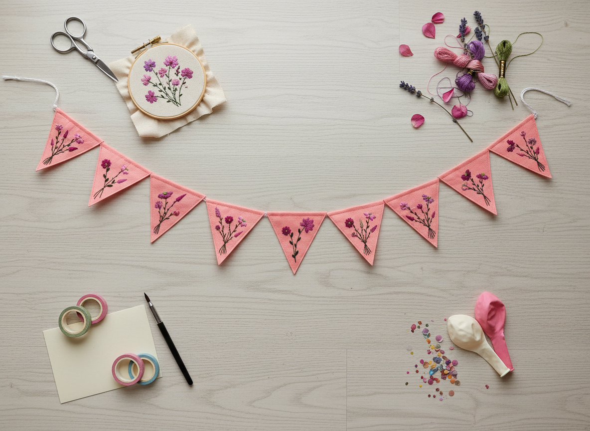 Felt Bunting Banner Pink, Hand Embroidered Floral Garland, Nursery Wall Decor, Fabric Party Banner