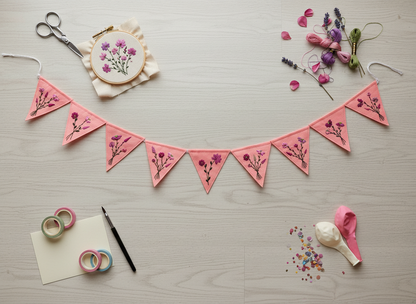 Felt Bunting Banner Pink, Hand Embroidered Floral Garland, Nursery Wall Decor, Fabric Party Banner