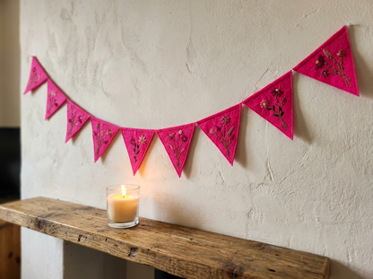 Felt Bunting Banner Pink, Hand Embroidered Floral Garland, Nursery Wall Decor, Fabric Party Banner