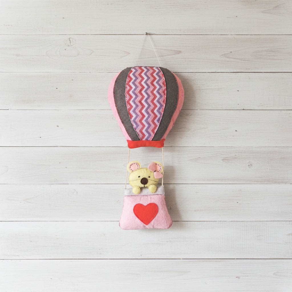 Handmade Felt Customised Name Garland with Hot Air Balloon & Cute Teddy in Heart Basket | Personalised Nursery Wall Hanging