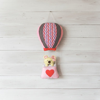 Handmade Felt Customised Name Garland with Hot Air Balloon & Cute Teddy in Heart Basket | Personalised Nursery Wall Hanging