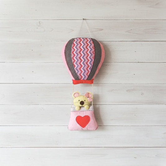 Handmade Felt Customised Name Garland with Hot Air Balloon & Cute Teddy in Heart Basket | Personalised Nursery Wall Hanging