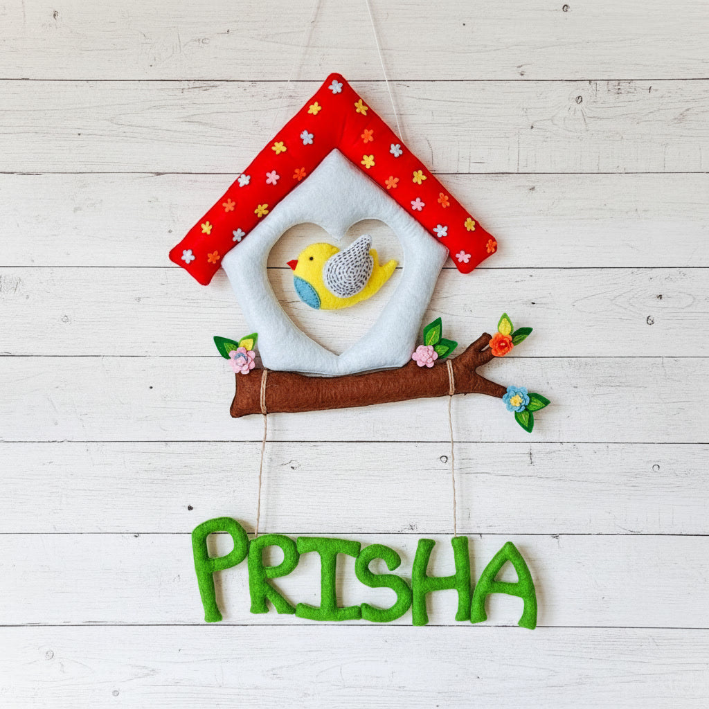 Handmade Felt Customised Name Garland with Birdhouse & Branch | Personalised Nursery Wall Hanging
