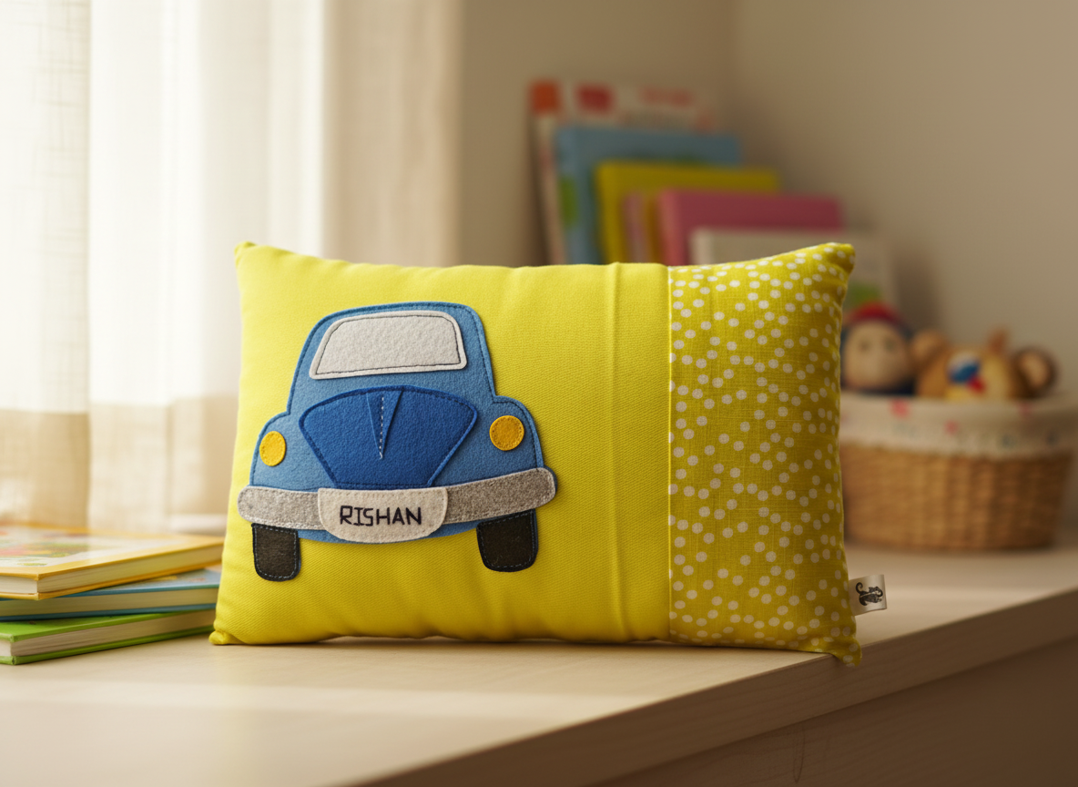 Customised Name Cushion with Felt Patch Design & Hand Embroidered Customised Name