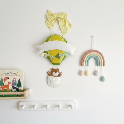 Handmade Felt Customised Name Garland with Hot Air Balloon & Cute Bear in Basket | Personalised Nursery Wall Hanging