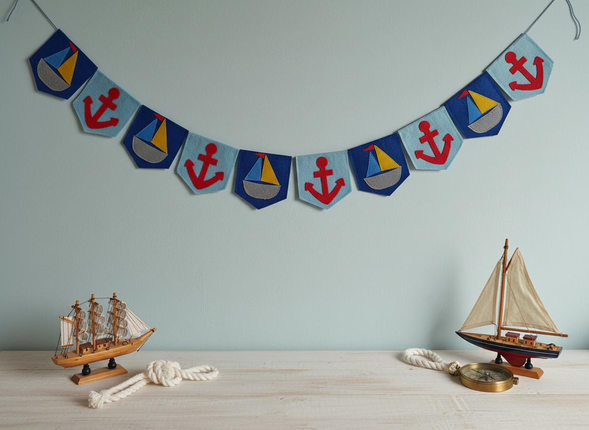 Handmade Nautical Felt Bunting | Sailboat, Anchor Garland for Nursery, Kids Room & Party Decor