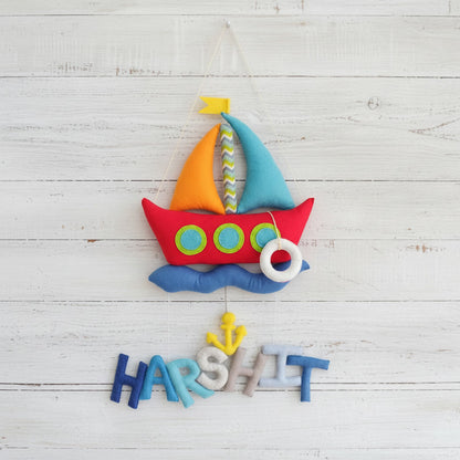 Handmade Felt Customised Name Garland with Colourful Sailboat & Anchor | Nautical Themed | Personalised Wall Hanging for Nursery & Kids’ Room