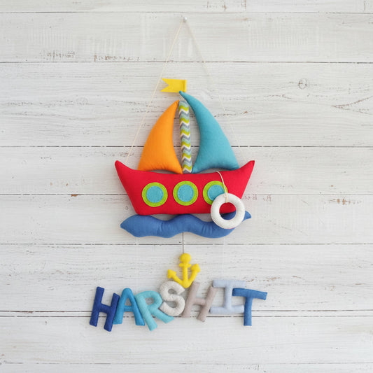 Handmade Felt Customised Name Garland with Colourful Sailboat & Anchor | Nautical Themed | Personalised Wall Hanging for Nursery & Kids’ Room